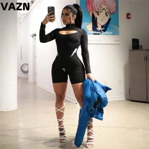 VAZN 2020 New Novelty Open Hollow Out Sexy Soft Elastic Young Fashion Full Sleeve Women High Waist Skinny Playsuits