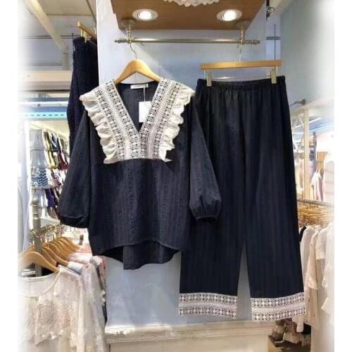 Yomrzl A843 New arrival autumn womens lace sleep wear pajama set 2 piece cotton