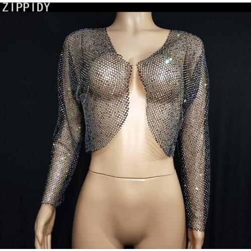 Multi-color Rhinestone Big Mesh Jacket Women Birthday Prom Party Hollow Wear Evening Clothes Women Dance Show Outfit