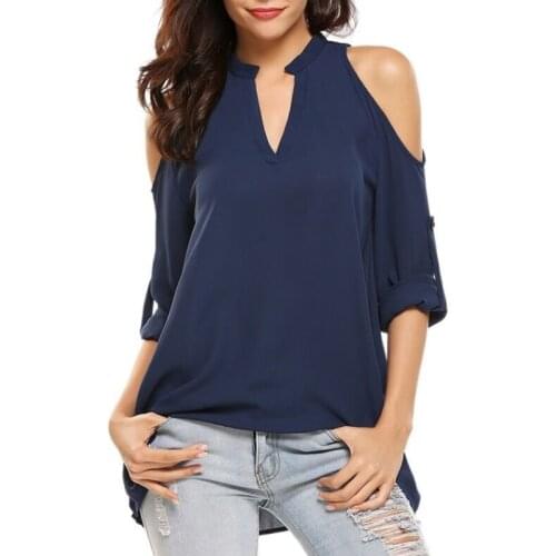 CINESSD Sexy V Neck Cold Shoulder Chiffon Blouses Cuffed Long Sleeve Women Tops Solid Plus Size Loose Casual Pullover Tee Blouse
