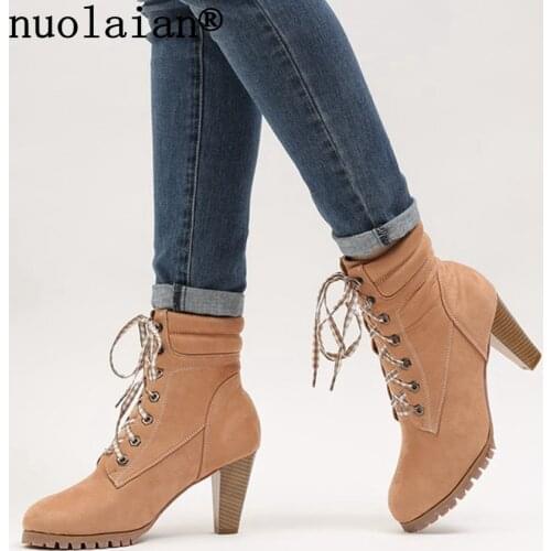 8CM Women Casual Boot Ankle Boots Point Toe Winter Shoes Lady Square Heel Bota Womens Faux Leather Boots Autumn High Heels Boots