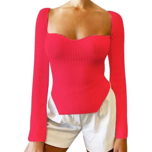 Sexy Women Sweater 2021 Square Neck Knitted Sweater Long Sleeve Autumn Irregular Hem Solid Color Women Knitwear Ladies Clothing