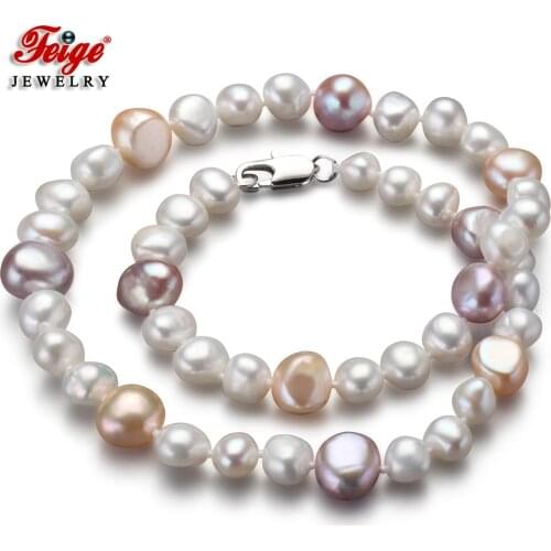 Multicolor Pearl Collar Necklace for Female Anniversary Jewelry Gifts 7-8MM Natural Baroque Freshwater Pearls Dropshipping FEIGE