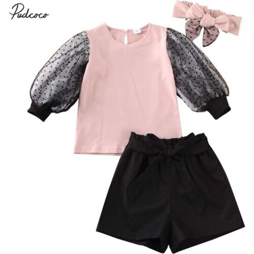 2020 Baby Summer Clothing Toddler Baby Girls Kids Lace Mesh Sleeve Tops+Shorts+Headdress Outfits Sun Protect Clothes Set