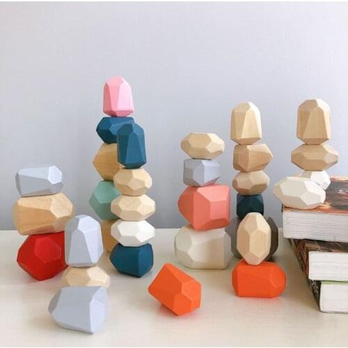 5-32pcs Wooden Sorting Stacking Balancing Stone Rocks Building Blocks Montessori G99C