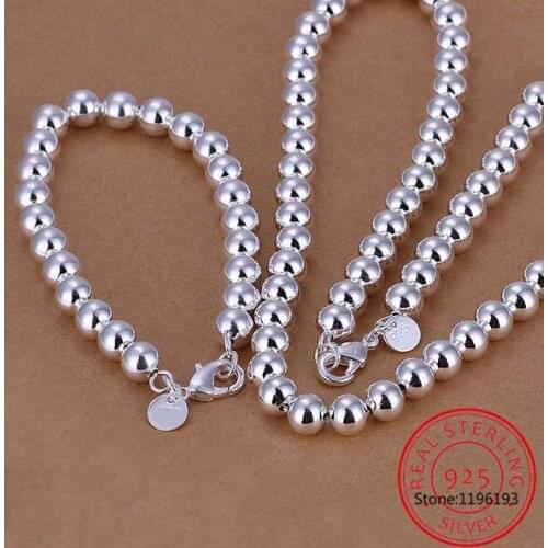 925 Sterling Silver 8mm Hollow Smooth Round Bead Necklace Bracelet Set joyas de plata For Women Wedding Engagement Party Jewelry