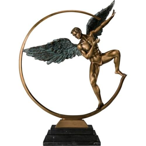 Bronze Angel Winged in Ring Figurine Sculpture Western Myth God Brass Statue Antique Art Living Room Decor Ornament