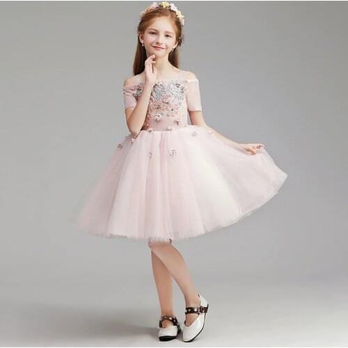 Flower Girl Dresses Princess Appliques Beading Embroidery Ball Gown Knee-Length Boat Neck Tulle Embroidery Kids Party Skirt H103
