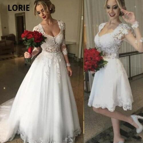 LORIE Elegant Lace Appliques 2 in 1 Ball Gown Wedding Dresses with Detachable Train White Long Sleeve Bridal Gown Party Dresses