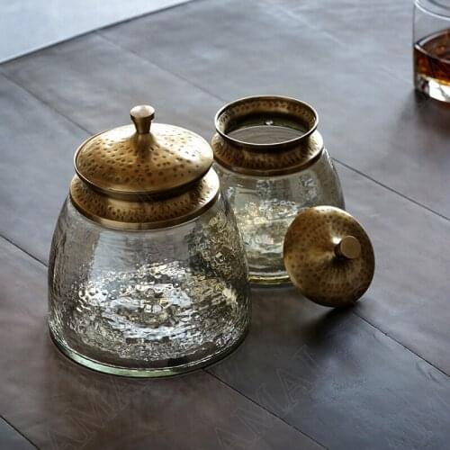 European Glass Storage Jar Manual Brass Cover Kitchen Cereal Dispenser Relief Living Room Desktop Vase Home Decoration Ornaments