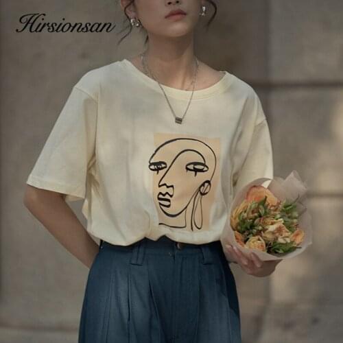 Hirsionsan Abstract Character Printed T Shirt Women 2021 Summer New Vintage Harajuku 100% Cotton Tees Soft Casual Female Tops