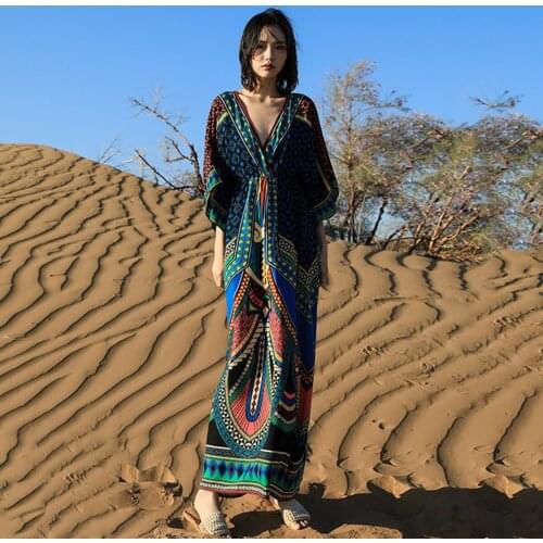 Jastie 2021 Summer Boho Womens Dress Pattern Printed Sititching Lace Up V-Neck Loose Hem Vintage Beach Party Holiday Dresses