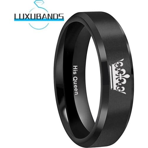 6MM Men Wemen Tungsten Wedding Ring Black Beveled Edges Matte Brushed Finished His Queen Laser Crown Comfort Fit