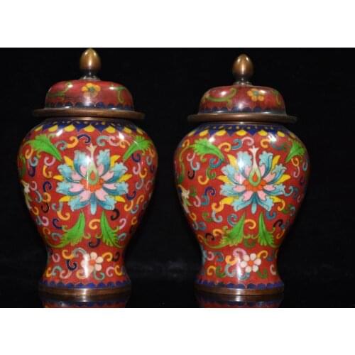 8"Chinese temple collection Old Bronze Cloisonne Enamel General jar incense burner Cylinder A pair Ornaments Town House Exorcism