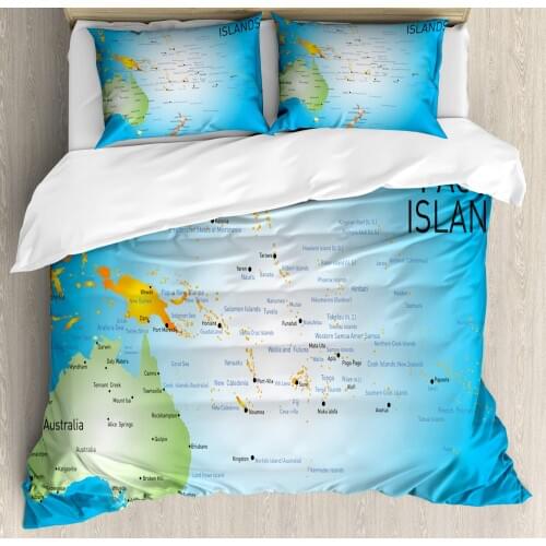 Map Duvet Cover Set Informational Design of Pacific Islands 3 Piece Bedding Set Sky Blue Pistachio Green Charcoal Grey and Earth