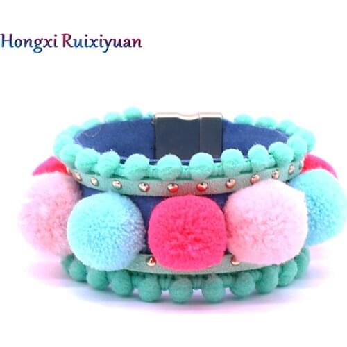 Leather Bohemian Bracelet High-fiber leather round colorful cotton ball exotic bracelet Ms. complete accessories charm bracelet