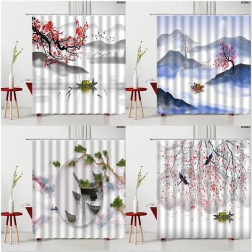 Chinese Style Landscape Shower Curtains Ink Mountain Water Scenery Red Flower Home Bathroom Decor Washable Fabric Cloth Curtain