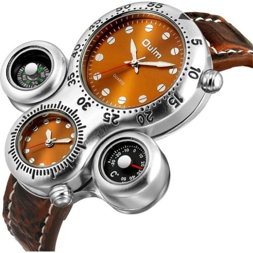 OULM 1149 Mens Sport Watches Top Luxury Brand Two Time Zone Quartz Wristwatch Decorative Compass Unique Male Watch