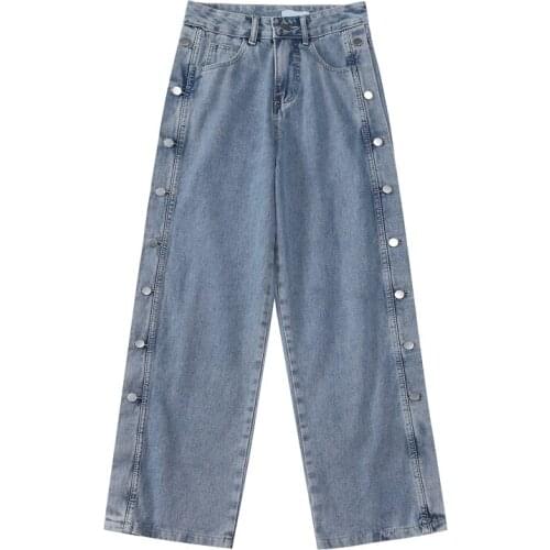 2021 New Jeans Fashion Streetwear High Waist Trouser Baggy Straight Denim Pants Sense of Design Female Wide Leg Trouser