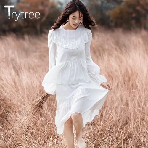 Trytree Autumn Elegant Multi-layer Ruffles Silky women Dress Black White O-Neck Flare Sleeve dresses Loose Solid Casual Dress