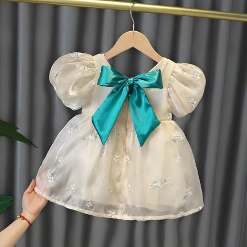 1-3T Girls' Summer Dress Toddler Baby Cute Petal Sleeve Princess Dress with Green Bow Solid Color Embroidery Delicate Dresses