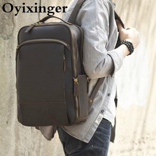 OYIXINGER Genuine Crazy Horse Cowhide Backpacks For 15" Notebook Mens Vintage Laptop Backpack Large Capacity Travel Backpack