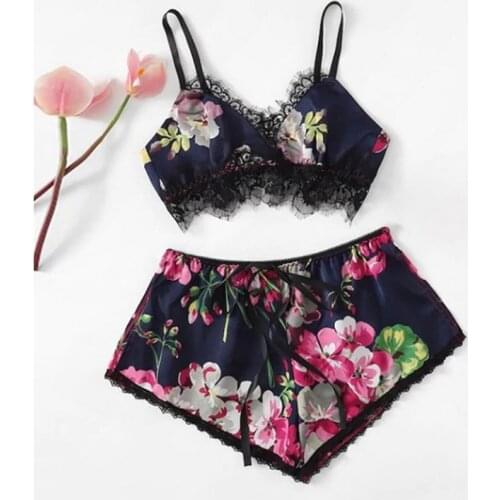 Women Sexy Pajamas Set Spaghetti Strap V-Neck Lace Printed Lingerie Sets Female Summer Crop Tops Shorts Sleepwear Suit