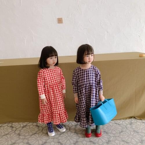 Dress O-neck Collar Plaid Full Sleeve A-line Ruched Cotton Casual Fashion New Sweet Korean Spring Autumn Girls Children