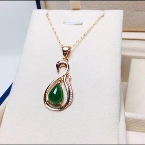 Natural Hetian Jasper Charm Pendant 925 Silver Emerald Gilt Chain Swan Shape Design Blessing Lucky Necklace Gifts