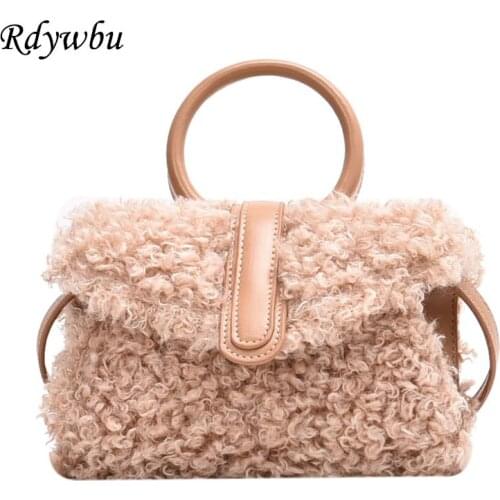 Rdywbu Mini Fleece Women Crossbody Bag Solid Color Round Handle Handbag Girls Small Shoulder Bag Purses Clutches B227