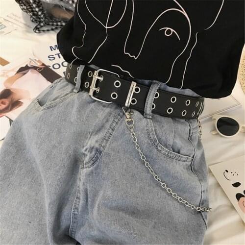 Women Fashion Double Hole Pin Buckle Waist Belt for Jeans Metal Waist Punk Chain Luxury Belts PU Leather New Style Decorative
