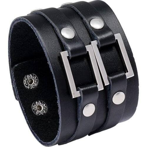 Charms Geometric Alloy Genuine Leather Bracelet Black Brown Color Punk Men Jewelry Hiphop Cuff Bangle Men Women Gift