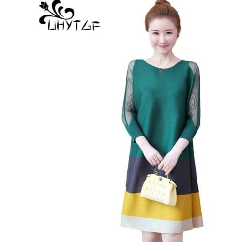 UHYTGF Spring autumn dress women fashion striped mesh gauze beaded elegant dress women pullover loose mom plus size dresses 1292