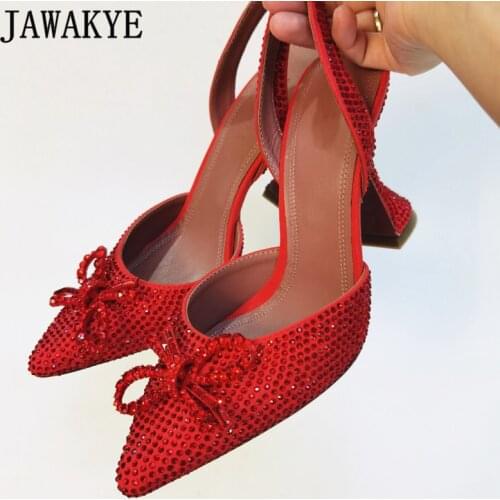 Red Crystal Women Sandals Rhinestone Bowtie Slingback Shoes Pointy Strange Heel Party Wedding Shoes Clear PVC Celebrity Shoes