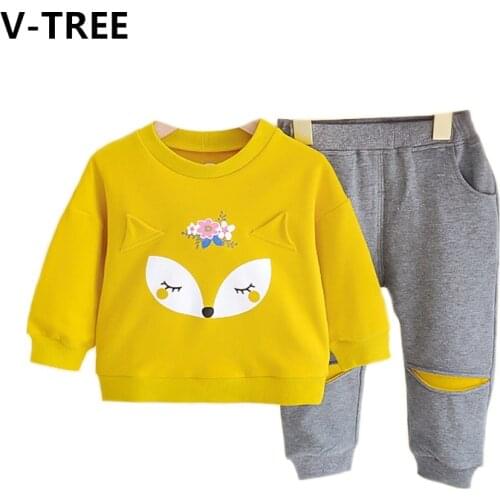 V-TREE 2Pcs Clothing Sets Cute Fox Candy Colors Boys Girls Suit Shirt&pants Warm Plus Velvet Windproof Childrens Clothing