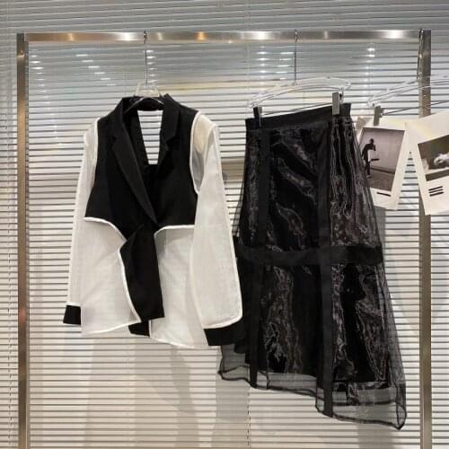 2021 summer new suit womens fashion mesh stitching sunscreen long-sleeved suit jacket mid-length skirt suit