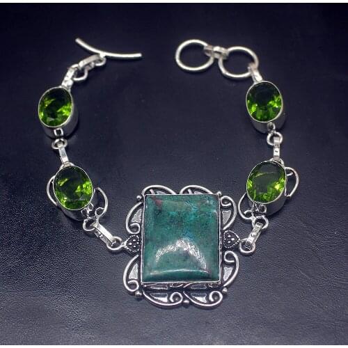 Vintage Green Sea Sediment Peridot Silver Color Charms Links Bracelets For Women 8 inch HD697