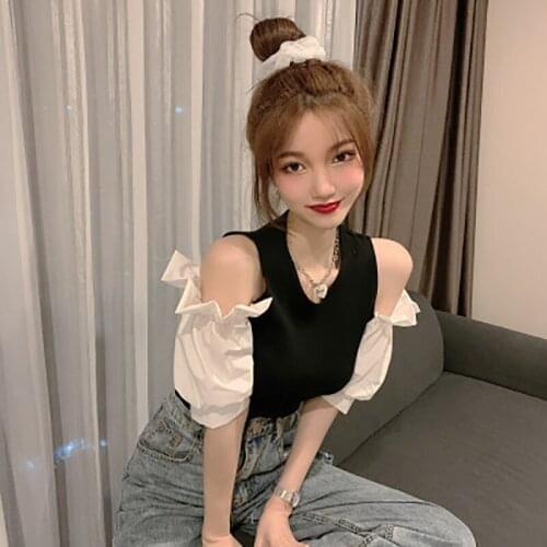 Show Thin Dress Hollow Out Dew Shoulder New Short-sleeved Knitted T-shirt Summer 2020 Joining Together Cultivate Ones Morality