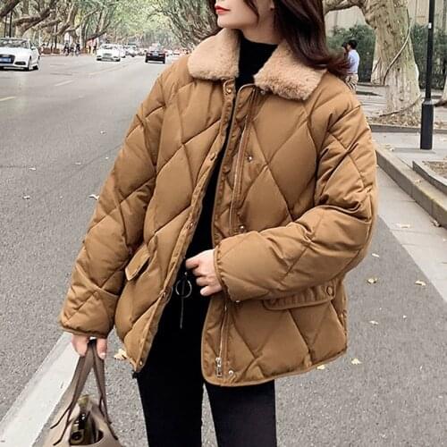 Wenfly Women Winter Coat Loose Furry Collar Short Winter Warm Rhombus Pattern Jacket Padding Thick Cotton Parka Outerwear