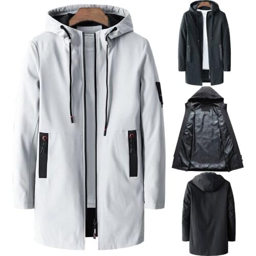 2021 Fashion Autumn Spring Mens Outerwear Hoodies Zipper Casual Mid-long Jacket Hooded Male Business Solid Trench Leisure Coats