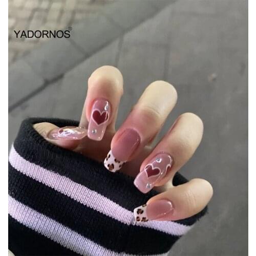 24pcs decorated false nails Love Heart Print Nail Patch Glue Type Removable Long Paragraph Fashion Manicure False Nail Patch TY