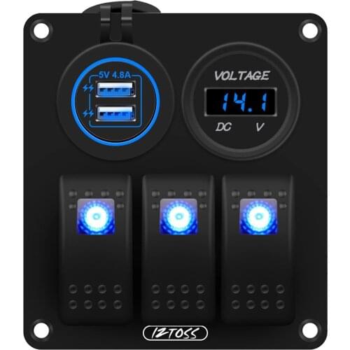 3 Gang Switch Panel On-off with LED Digital Voltmeter 4.8A USB Charger Blue