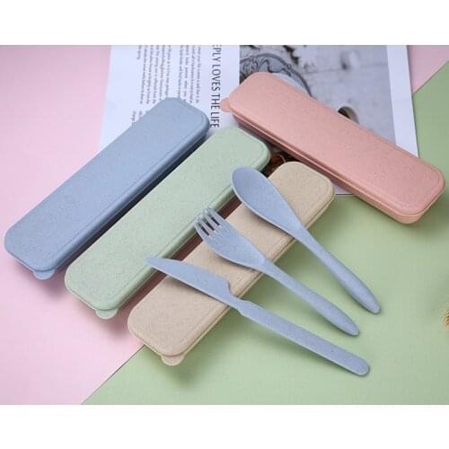 3pcs/set Cutlery Box Travel Portable Cutlery Box Japan Style Wheat Straw Knife Fork Spoon Student Dinnerware Sets Tableware