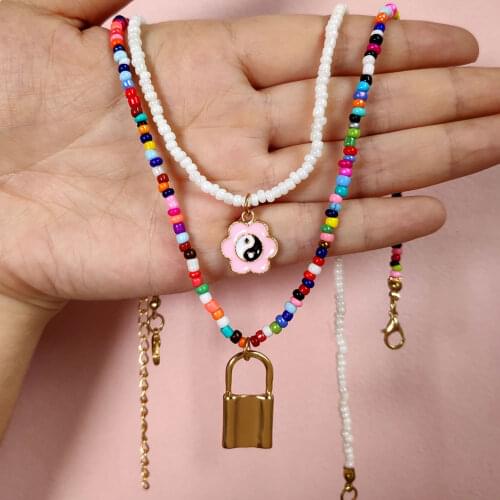 Bohemia Multi-layer Chain Bagua Yin Yang Lock Necklace for Women Fashion Colorful Beaded Necklaces On The Neck Collar Jewelry