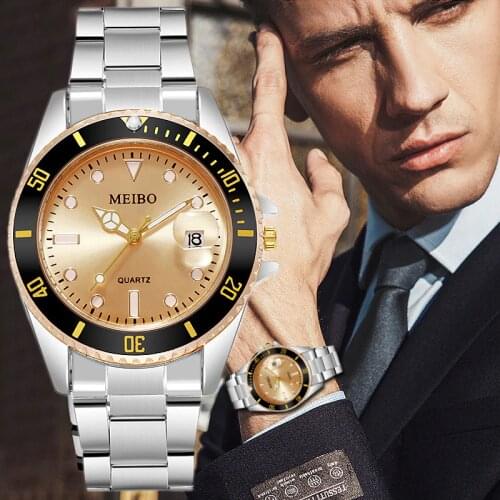 New Mens Watch Luxury Business Watch Golden Dial Date Watches Stainless Steel Band Fashion Male Wrist Watch relogio masculino