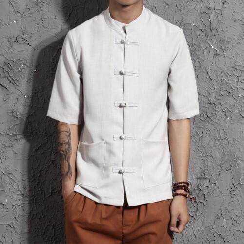 Men Cotton Linen Shirts Half Sleeve Kung Fu Shirt Tai Chi Suit Chinese Style Mandarin Collar Shirt Male Hombre Camisa TS-328
