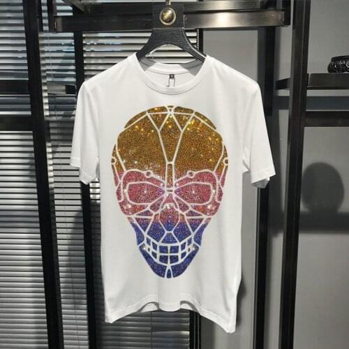 European Summer New Arrival Brand Sale Big Skull Men T-Shirt Diamond Luxury High Quality Pure Cotton Hot Short Sleeve