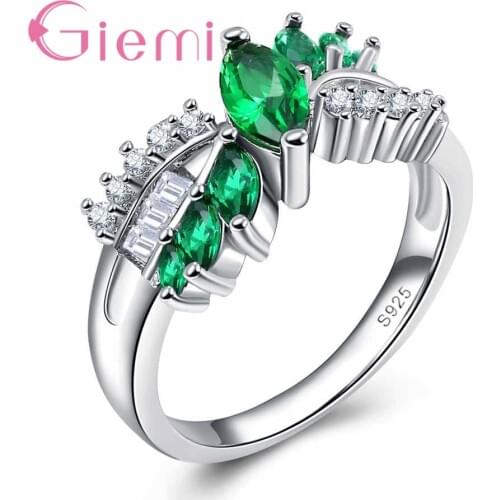 Delicate Graceful Green Leaf Shape Crystal Glamour Ring Anniversary for Fashion Women Gift 925 Sterling Silver and CZ
