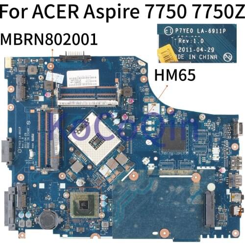 KoCoQin Laptop motherboard For ACER Aspire 7750 7750Z HM65 Mainboard P7YE0 LA-6911P MBRN802001 MB.RN802.001