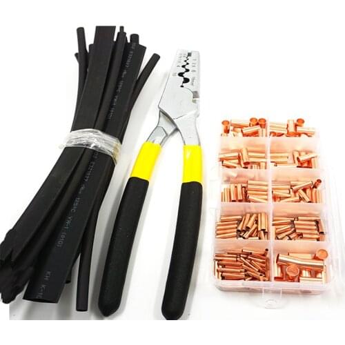 210PCS GT Copper connecting pipe wire joint small copper tube Terminal Cable Lug diameter 1.5-8mm with heat shrink tube plier